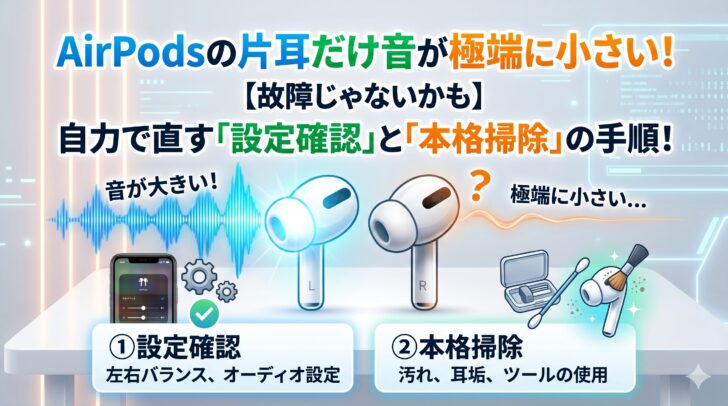 【故障じゃないかも】AirPodsの片耳だけ音が極端に小さい！自力で直す「設定確認」と「本格掃除」の手順！