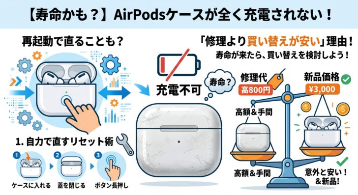 【寿命かも？】AirPodsケースが全く充電されない！自力で直すリセット術と「修理より買い替えが安い」理由！